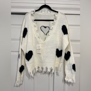 White Raw Hemmed Heart Sweater